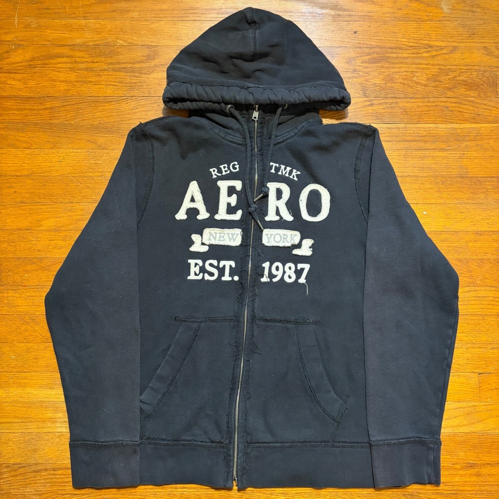 Y2K Aeropostale Mens Black Full Zip Graphic Hoodie Large Est 1987 New York